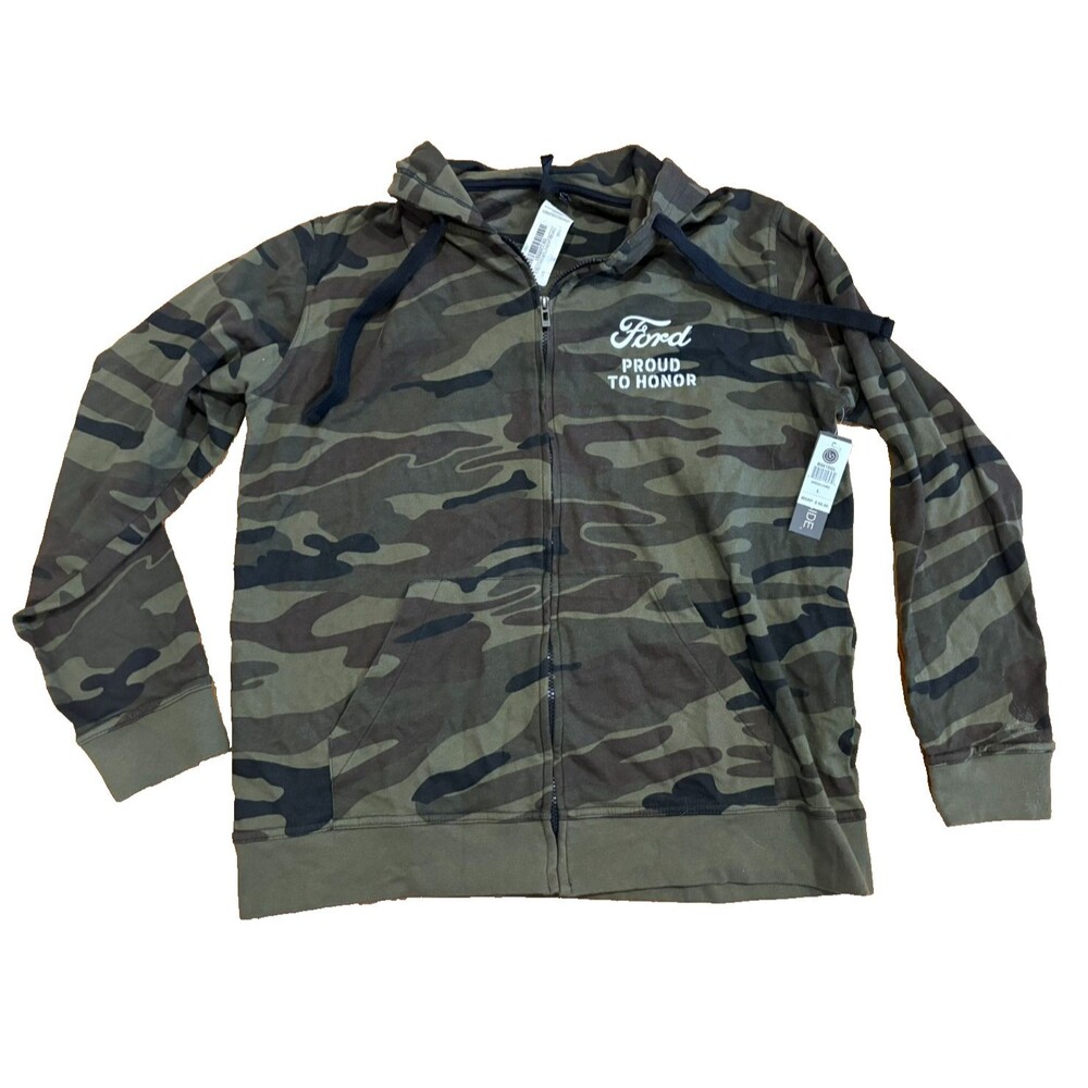 Ford Hoodie Men's Size Large Full Zip Sweatshirt Green Camo Proud to Honor NWT